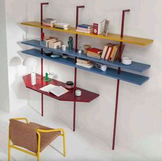 a desk with two shelves and a chair next to it