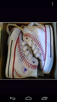 a pair of white shoes with red and blue laces are in a cardboard box