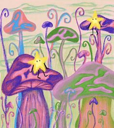 a drawing of mushrooms with stars in the middle