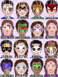 Face Paint Design Sheet, Face Paint Ideas Full Face, Face Painting Templates Free Printable, Full Face Face Paint, Face Painting With Stencils, Face Painting Stencils Printable, Face Paint Menu Board, Fast Easy Face Paint Designs, Face Painting Booth Ideas