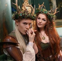 Woodland Elves, Npc Rpg, Woodland Crown, Costume Carnaval, Deer Horns, Fest Outfits, Wood Elf, Enchanted Wedding