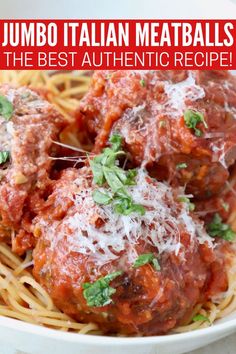 large Italian meatballs in marinara sauce in bowl with spaghetti Big Meatballs Recipe, Meatballs Italian Sausage, Jumbo Italian Meatballs, Authentic Italian Spaghetti And Meatballs, Large Turkey Meatballs, Large Italian Meatball Recipes, Real Italian Meatballs Recipe, Italian Stuffed Meatballs, Big Meatballs Baked