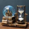 an hourglass with sand in it sitting on top of a wooden table next to a globe