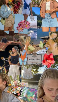 the collage shows many different pictures and people with flowers in their hair, wearing shorts