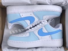 These custom hand painted Nike Air Force 1 sneakers feature a baby blue trendy colorway!  These shoes give you that extra one of a kind feel to your outfit! ★ These shoes are hand painted using custom hand mixed colors per batch. Because of this, colors may vary very slightly from the original photo seen in the listing.  ★ Other size options and other shoe styles are also available ★ These shoes can be customized. Please message me for custom requests ★ These shoes are hand painted. They are not Cute Shoes Nike Air Force, Shoes Vintage Aesthetic, Cute Shoes Nike, Painted Nike Air Force, Painted Air Force 1, Pretty Sneakers, Custom Painted Shoes, Nike Shoes Air Force, Nike Air Force 1s