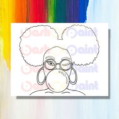 a drawing of a person with glasses and an afro on it's face in front of a rainbow background