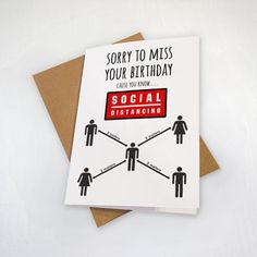 a birthday card with the words social distancing on it, and an image of two people connected by arrows