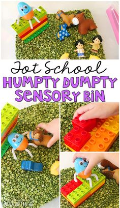 a collage of images showing how to use humpty dumpty's toy bins