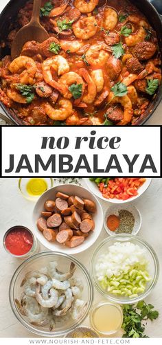 no rice jambalya with shrimp and vegetables in bowls