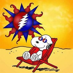 a cartoon dog is sitting in a red lawn chair with the sun behind him and his eyes closed