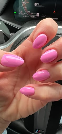 Pink Gel Nails Almond Shape, Cute Basic Pink Nails, Pink April Nails, Plane Color Nails, Pink Almond Dip Nails, Bright Light Pink Nails, Almond Nails Plain Colors, Bubble Gum Pink Almond Nails, Cute Vacay Nails