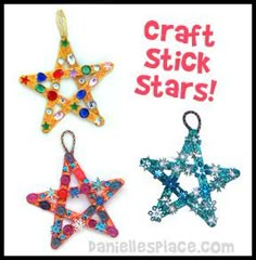 three star shaped ornaments with the words craft stick stars