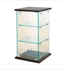 a glass display case with four shelves on each side and one shelf in the middle