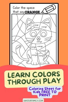 a coloring book with the words learn colors through play and an image of a cat