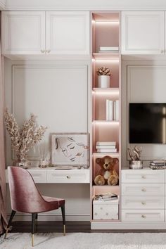 a living room with white furniture and pink accents