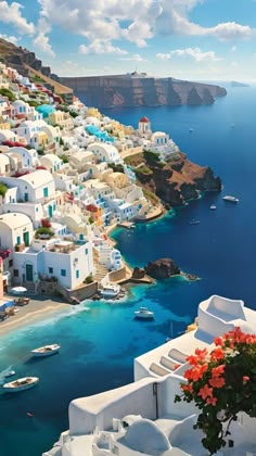 an aerial view of the blue water and white buildings in oia, paros island