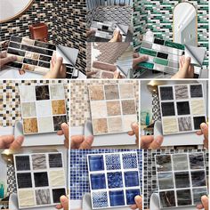 several pictures of different types of tiles in various shapes and sizes, with hands holding them up