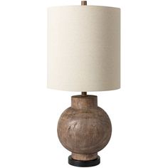 a wooden table lamp with a white shade