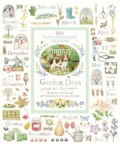 a calendar with pictures of flowers, plants and gardening items in the middle of it