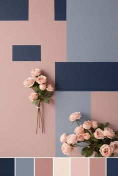 a bunch of pink roses sitting on top of a table next to a blue and pink wall