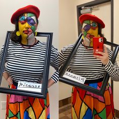 a woman in clown makeup holding up two framed photos