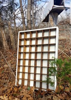 an old wooden box sitting on the ground in front of some trees and leaves with a bird house above it