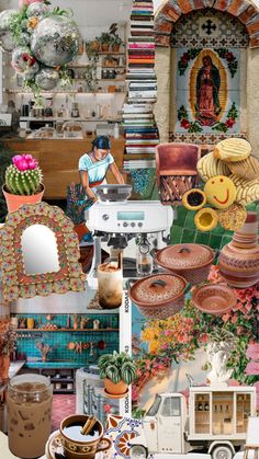 a collage of many different objects including pots, plates and other things in the room