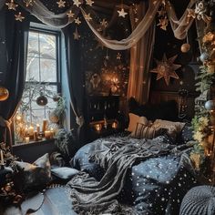 a bedroom decorated for christmas with stars and lights