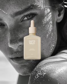 a woman's face with white powder on it and the words pure skin in front of her