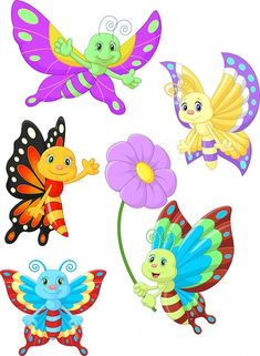 cartoon butterflies with different colors and shapes on a white background stock photo, royalty illustration