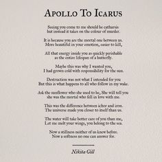 the poem is written in black and white on a piece of paper that reads,'apollo to icarus '