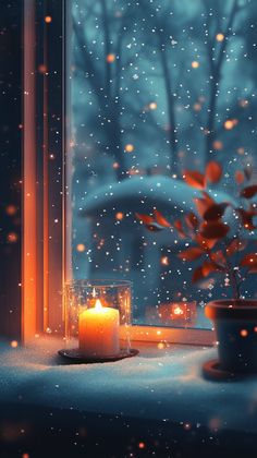 A winter window scene featuring soft snowfall, the glow of a lit candle, and sparkling fairy lights creating a warm and cozy atmosphere. Perfect for adding a peaceful, homey vibe to your phone during the chilly winter months.  #WinterWallpaper #PhoneWallpapers #Candles #Snow #CozyVibes #WinterAtmosphere #WarmWallpapers #WinterDecor #MagicalLights #CozyHome Winter Window Scene, Window Snow, Snow Candles, Winter Window, Winter Candle, The Glow, Winter Months