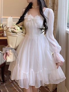 White Dress Fluffy Sleeves, Girly White Dresses, Cute White Puffy Dress, Luxury Ruffled Dress For Confirmation, Main Character White Dress, Gothic Prom Dress White, Cute Dress Name, Cute Angel Dresses, Gaun Abad Pertengahan