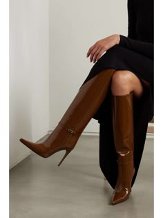 SAINT LAURENT Vendôme buckled glossed-leather knee boots | NET-A-PORTER Patent Leather Brown Boots, Classic Formal Cognac Heeled Boots, Classic Cognac Heeled Boots For Formal Events, Classic Cognac Heeled Boots For Formal Occasions, Luxury Brown Heeled Boots For Formal Occasions, Luxury Patent Leather Boots With Almond Toe, Luxury Brown Boots With Pointed Toe, Formal Cognac Boots With Pointed Toe, Formal Cognac Pointed Toe Boots