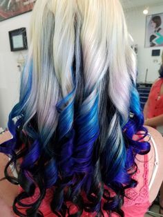 Blonde Purple Blue Hair, Purple And Teal Highlights Blonde Hair, Blonde And Navy Blue Hair, Blonde With Vivid Color, Blonde Hair With Black Tips, Turquoise And Purple Hair, Pink Blue And Purple Hair, Blonde Hair With Blue Tips, Black Hair Blonde Tips