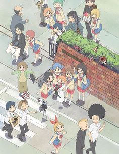 an anime scene with many people standing on the sidewalk and one person holding a cell phone