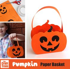 a collage of photos with pumpkins and paper baskets for halloween crafts, including an ornament