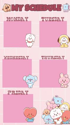 a bunch of cartoon animals on a pink background with the words my schedule written below