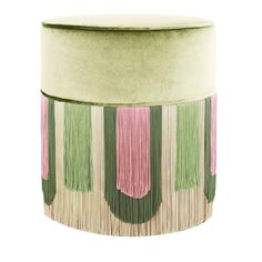 a green and pink stool with fringes on it