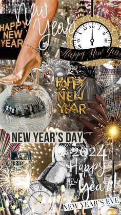 new year's eve collage with woman in high heels and clock on top