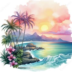 a tropical sunset with palm trees and water