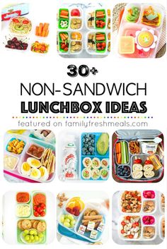 the lunch box is full of different types of food and it has text overlay that reads 30 non - sandwich lunchbox ideas