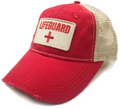 Urban Ridge Lifeguard Hat - Vintage Style/Distressed Visor Snapback - Red/Off-White Very soft/comfortable/breathable material. Retro Sports Snapback Visor Hat, Vintage Cotton Snapback Hat With Curved Visor, Retro Red Visor Baseball Cap, Retro Red Trucker Hat, Retro Red Trucker Baseball Cap, Lifeguard Hat, Soft Material, Mode Vintage, Hats Vintage