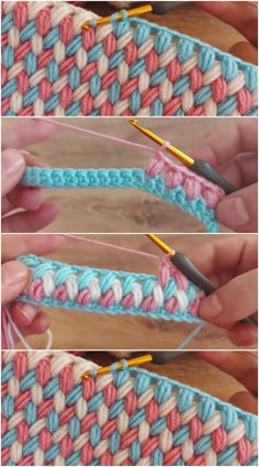 three pictures showing how to crochet the stitches