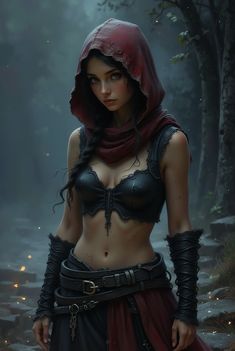 a woman in a red hoodie and black bra is standing in the woods with her hands on her hips