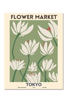 a flower market poster with white flowers and green leaves on the front, in an olive green background