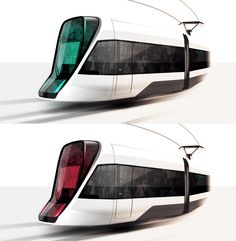 two views of a futuristic train with green and red lights on the front, and side by side