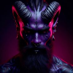 a man with purple and black paint on his face, wearing horns and piercings