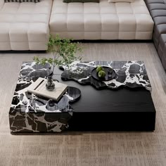 a black and white coffee table with a plant on top