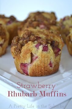 strawberry rhubarb muffins on a white plate